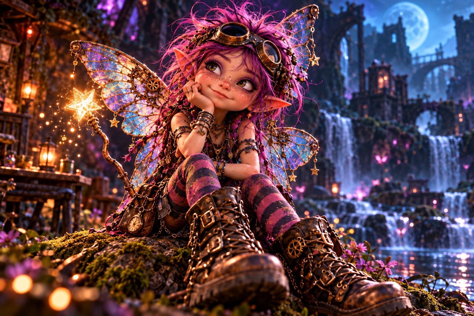 Fairy Nuff seated in an enchanted moonlit landscape