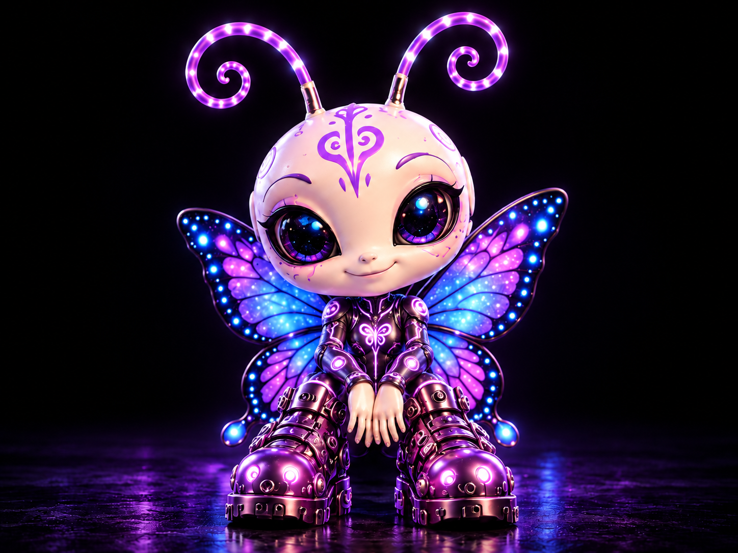 Psyble seated with glowing butterfly wings and chunky boots