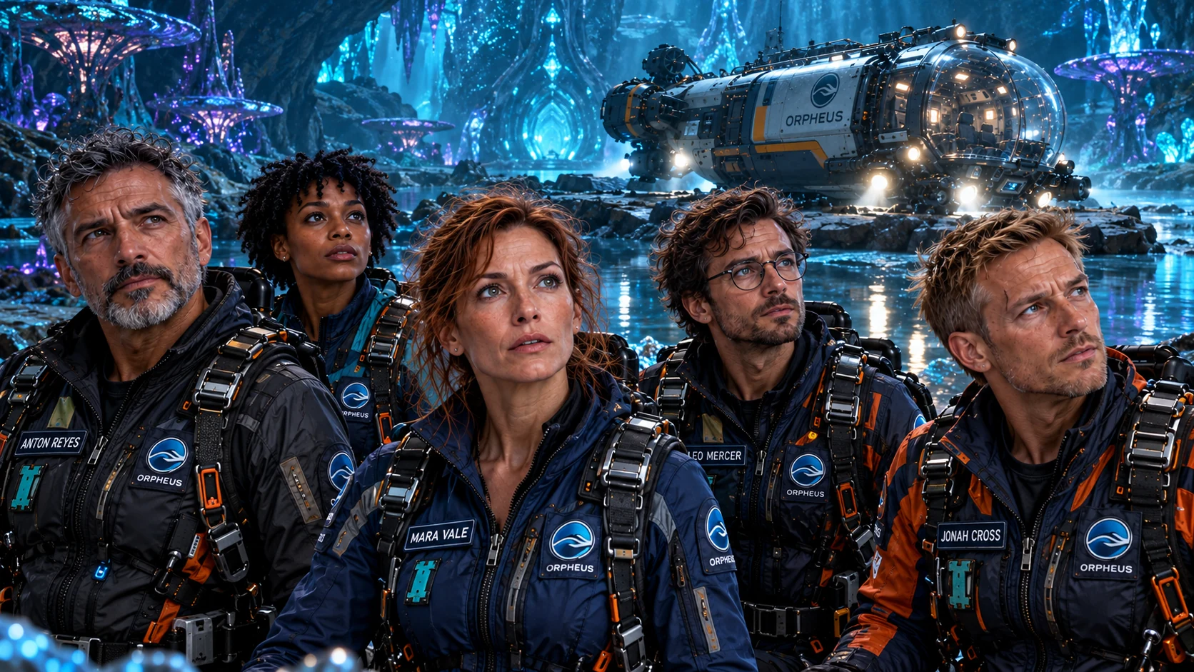 Orpheus expedition crew in the bioluminescent cavern, with their submersible in the background