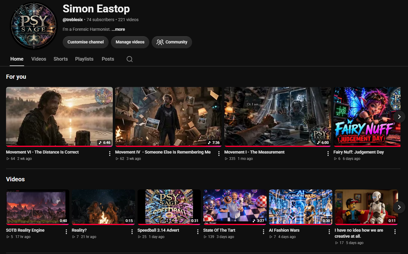 Screenshot of Simon Eastop's YouTube channel @treblesix with Psy + Sage content